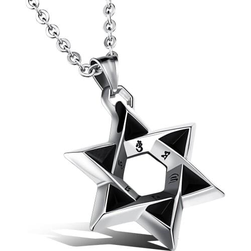 Star Of David Stainless Steel Pendant Men Necklace With Religious Words Link Chain Punk Rock Style Jewelry Gift For Boy