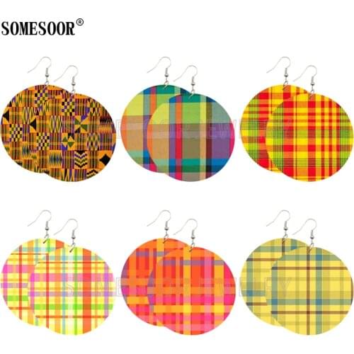 SOMESOOR Mixed 6 Package British Style Plaid Fabric Wooden Both Sides Printing Round Drop Earrings For Women Gifts