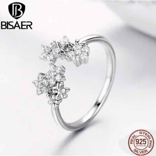 BISAER 925 Sterling Silver Shining Star Clear Cubic Zircon Star Women Rings Wedding Jewelry EFR021