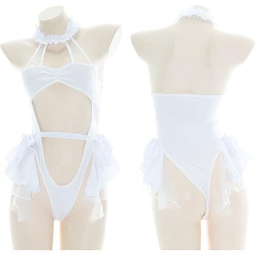 Lolita Girls White Halter Bodysuits Sexy High Cut Hollow Out Backless Swimsuit Anime Cosplay Sukumizu Kawaii Outfit Drop Ship