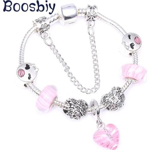 European Style Charm Bracelet With Pink Murano Glass Ribbon Heart Beads Fit Brand Bracelet Romantic Jewelry Gift For Women
