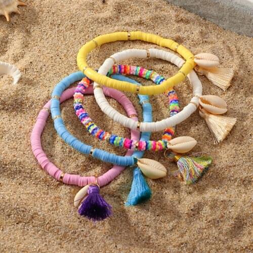 Bohemian Soft Clay Bracelets Women Summer Beach Women Fashion Shell Pendants Tassel Bracelet Wristband Jewelry Gifts