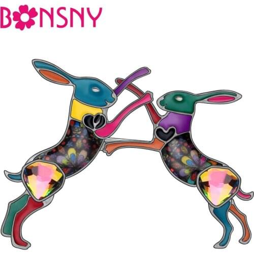 Bonsny Enamel Alloy Rhinestone Double Anime Rabbit Bunny Hare Animal Brooches Pin Clothes Scarf Decoration Lady Girls Teen Gifts