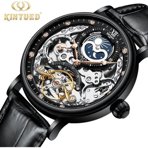 KINYUED Mechanical Automatic Watch Skeleton Watch for Men Men Tourbillon Sport Clock Casual Business Moon Phase Wrist Watch