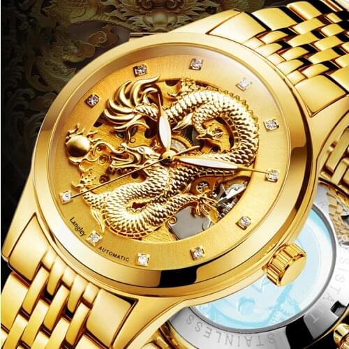 Luxury Dragon Skeleton Automatic Mechanical Watches Men Wrist Watch Stainless Steel Band Gold Clock 50m Waterproof Mens Relogio