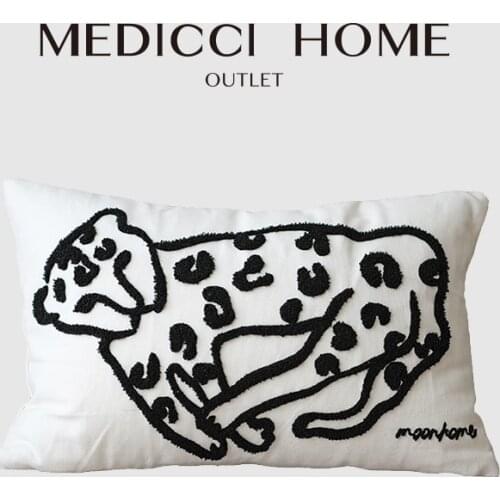Medicci Home Original Design Cushion Cover Cute Leopard Embroidered Pillowcase Black White Abstract Lines Decorative Pillow Case