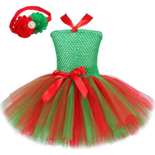 Christmas Tutu Dress for Girls New Year Costume Kids Xmas Party Dresses with Flower Headband Toddler Baby Girl Clothes Red Green