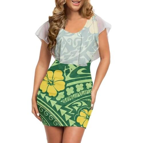 Hycool Elegant White Mesh Women Plus Size Dress New Sleeveless Mini Women Bodycon Sexy Dress Polynesian Tribal Print Green Dress