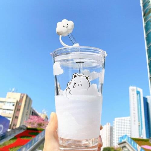 Hot New Small Fresh Creative Cup Fresh And Lovely Straw Glass Graduated Milk Cup Delicate Hand Painted White Cloud Appearance