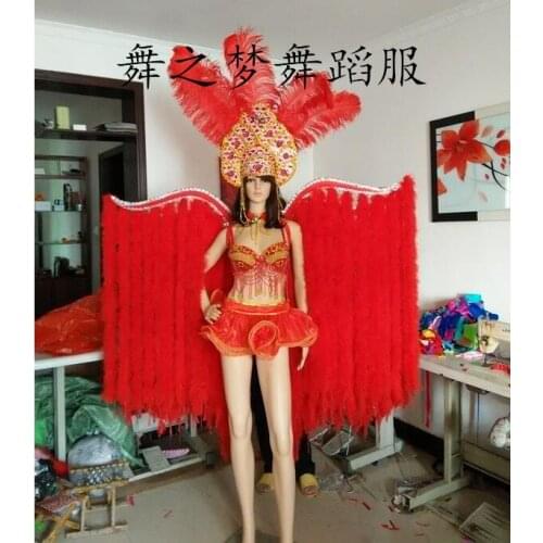 Red Spanish dress Feather headdress Samba Carnival costumes Wings Women Opening