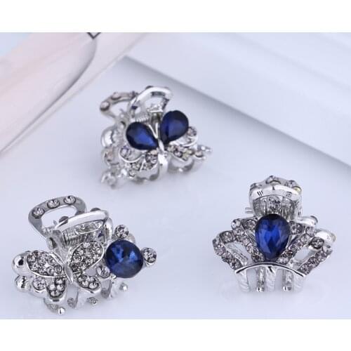 Mini Small Metal Hair Claw Clips Silver Plated Blue Crystal Retro Vintage Hair Accessories for Women