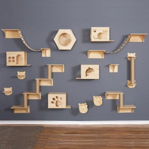 Wall Mounted Cat Climbing Frame Green Solid Wood Firm Durable Cat Grinding Claw Pillar Free assembly Sports Shelf Cat Platform