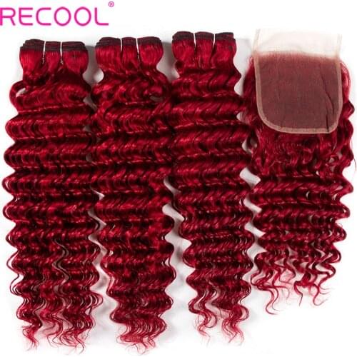 Recool Hair Red Deep Bundles With Closure Brazilian Deep Wave Human Hair Weave Bundles With Closure Remy Hair No Tangle
