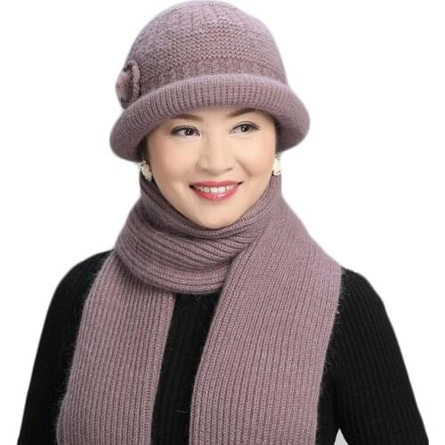 Fashion Women Winter Hat Scarf Sets Floral Skullies Girl Wool Mixed Rabbit Fur Warm Outdoor Knitted Beanies Baggy Headwear Caps