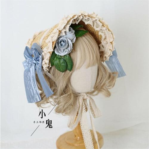 Multi colors Lolita Straw Bonnet Hat Handmade Mori Girl Gorgeous Elegant Princess Lace Flower Bnt Head Wear