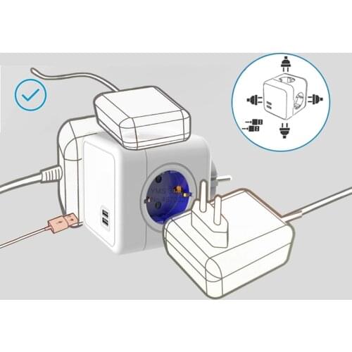 Sopend Smart Power Strip Cube 3680W 4 Outlet Multiple European Plug Powercube with 2 USB Extension Wall Socket Adapter for Phone