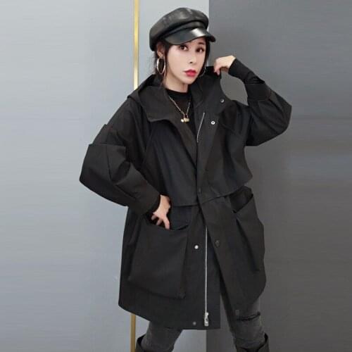 New 2020 Spring Autumn Trench Coat Womens Korean mid-length Plus Size Hooded overalls Windbreaker Outerwear M630