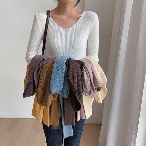Basic White T Shirt Women Long Sleeve Tees Woman Knitted Korean V Neck Tshirts Elasticity One Size Femme T-shirts 2020 Autumn