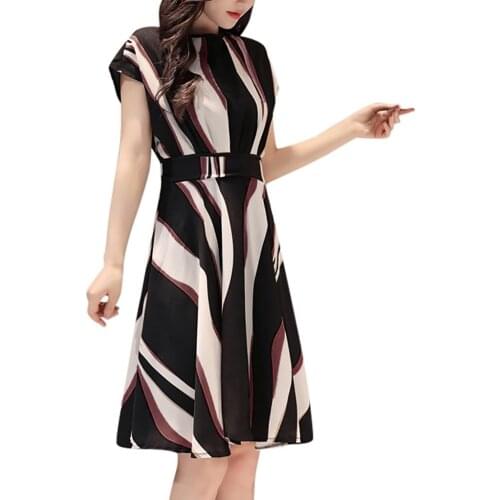 Ladies Temperament Striped Print O-Neck Short Sleeve Belt Summer Dresses A-LINE Feminino Vestidos Women Casual Comfy Dress Robes