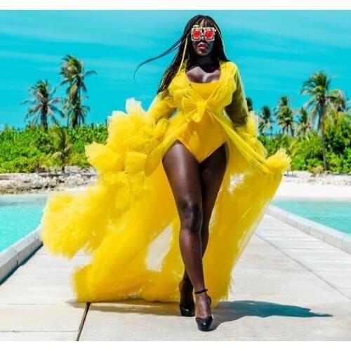 Yellow Evening Dresses Puffy Sleeve Maternity Gowns A Line Extra See Through Women Dress Photography Long Robes Prom Gowns