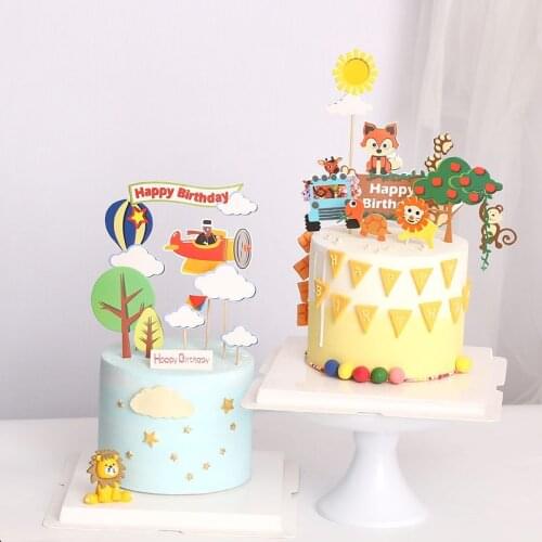 6pcs/bag Forest Safari Animal Happy Birthday Cake Topper Boys Birthday Cake Toppers Candy Bar Baby Shower Party Decoration