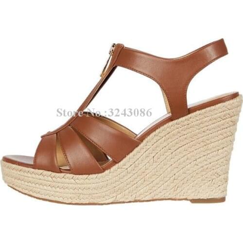 Woman Hemp Rope Wedge Sandals Fashion Zipper Decor Brown Platform Wedge Heel Shoes Sexy Female Summer Shoes Dropship