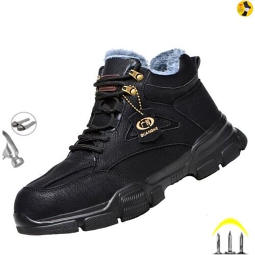Winter Warm Snow Boots Black Indestructible Steel Toe Work Boots Safety Anti-Smashing Ankle Boots Protective Leather Shoes