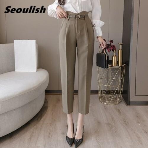Seoulish New 2021 Formal Womens Harem Pants with Belted Spring Summer High Waist Female Workwear Elegant Ankle Length Trouses