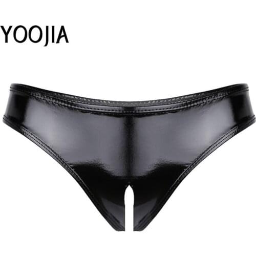 Black Fashion Womens Lingerie Wet Look Patent Leather Panties Underwear Open Crotch High Cut Low Waist Mini Briefs Underwear