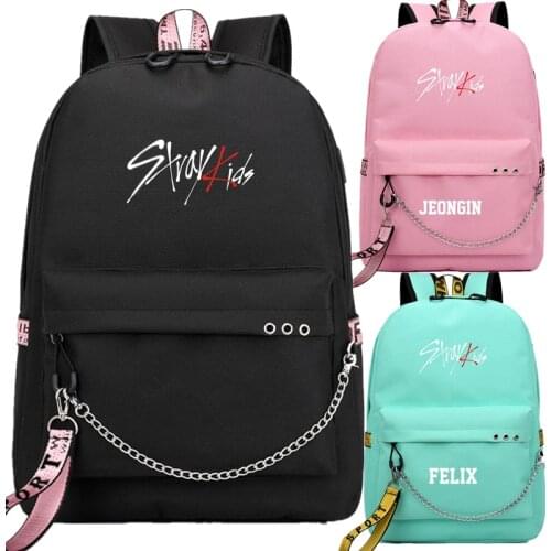 Kopo Stray Kids Felix USB Backpack School Book Black Pink Bag Mochila Travel Bags Laptop Chain Backpack W/ Headphone USB Port