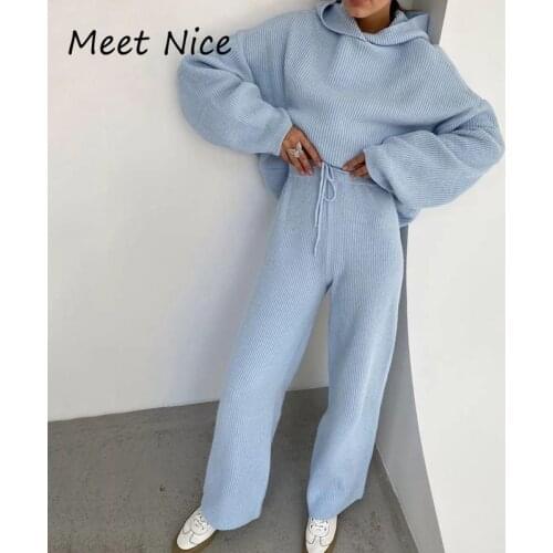 2 Two Piece Set Women Ribbed Hooded Top and Long Pants Set Sexy Winter Long Sleeve Casual Tracksuit Women Conjunto Feminino