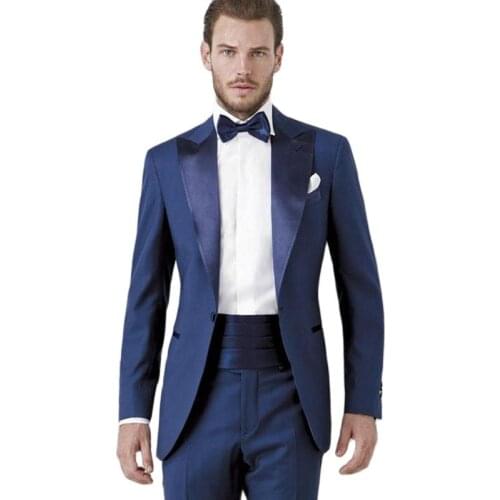 Handsome Nvay Blue Mens Toast Dress Work Business Suits Peak Lapel Blazers Coats Groom Tuxedos (Jacket+Pants+Tie) W:712