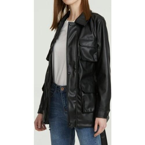 2021 Fashion Spring Atutumn Women High Quality Faux Leather Jackets Sashes Lady Vintage Black Zipper Pockets Coats Plus Size