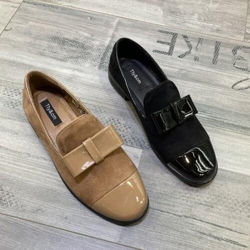 Shiny Leather&nubuck flock loafers bow-knot flats woman moccasins low heels sneakers shoes women round toe slip on oxfords 2021