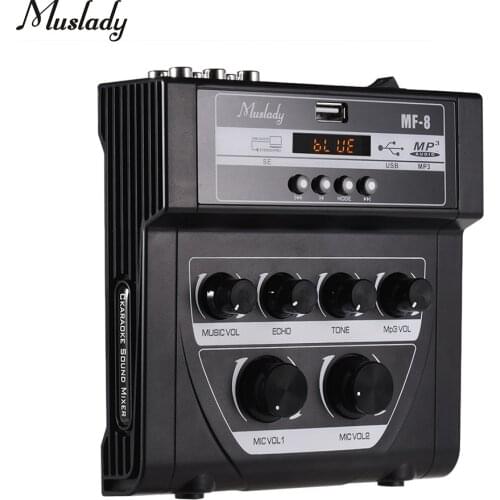 Muslady MF-8 Mini Karaoke Sound Audio Mixer Stereo Echo Mixers Dual Microphone Inputs Support BT Recording MP3 Function