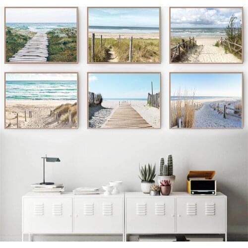 Beach Weeds Wooden Bridge Wall Art Poster Sea Blue Sky White Cloud Art Print Natural Landscape Canvas Painting Nordic Home Decor