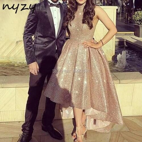 NYZY P4 High Low Short Front Long Back Prom Dress Rose Gold Sequin Gown robe soiree dubai vestido coctel mujer elegant 2019