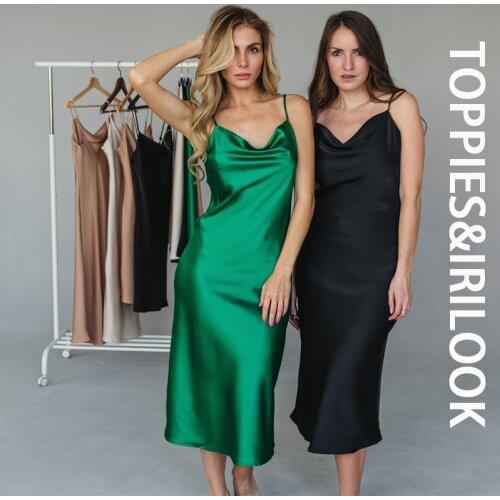 Toppies 2021 Silk Satin Long Dress For Women elegant Swinging collar Sexy Party Strap Sleeveless Green Ladies Long Dress