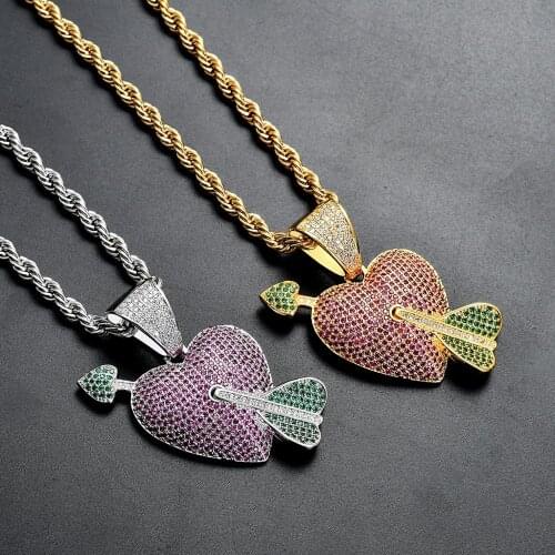 Freewear Heart with Arrow Necklace & Pendant Gold Silver Color Chain AAA Cubic Zircon Mens Hip hop Jewelry For Gift