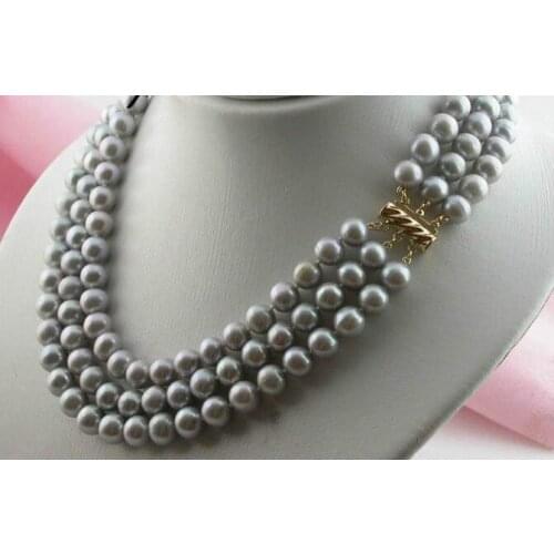 Triple strands 9-10mmsouth sea round silver grey pearl necklace 18"19"20" KKK