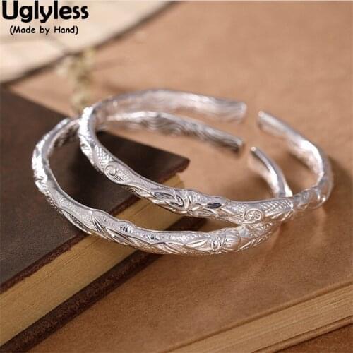 Uglyless Carved Bamboo Bangles for Women Ethnic Glossy 100% 999 Full Silver Open Bangles Eastern Charming Dress Jewelry Vintage