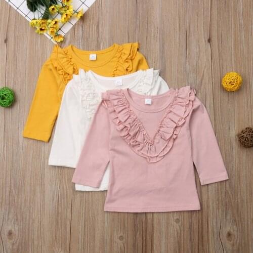 Spring Autumn Girl Solid Color Sweet Cute Falbala Long Sleeve Tops Kids Fashion Blouse