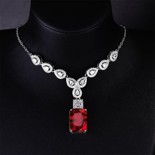 QTT Womens 925 Sterling Silver Chain Blood Red Gem Square Diamond Charms Charm Statement Pendant Necklace Women Jewelry