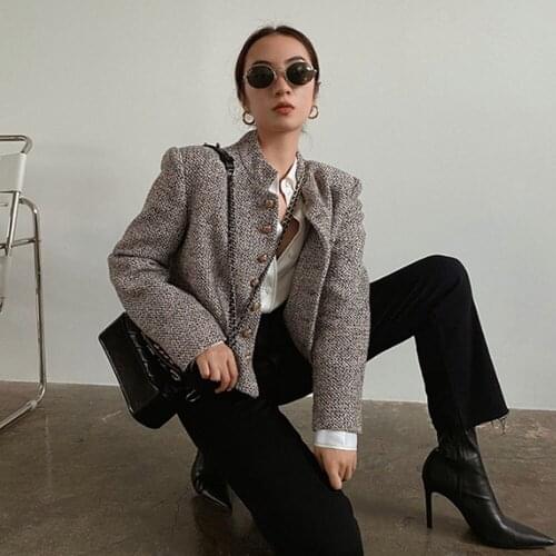 Runway Designers Winter Short Tweed Jacket Women Vintage Gold Buttons Long Sleeve Houndstooth Short Slim Wool Coat Women Outwear
