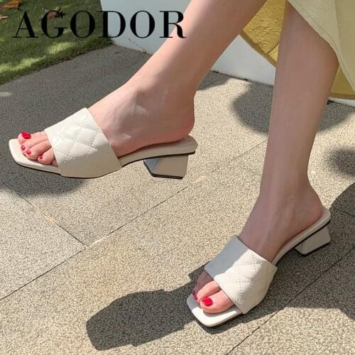 AGODOR Med Heel Slides Woman Shoes Chunky Heel Slippers Square Toe Sandals Dress Ladies Footwera Summer Green Beige Plus Size 43