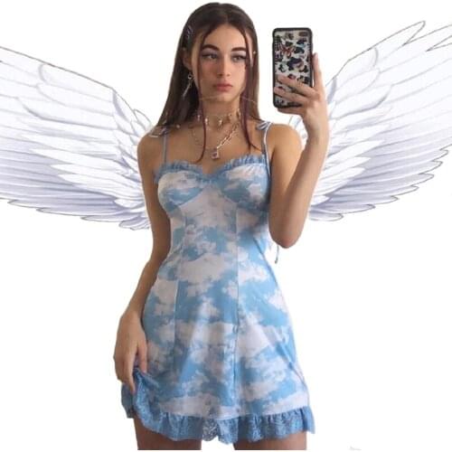 New Blue White Print Ruffle Lace Patchwork Dress Summer Cool Streetwear Women Backless Spaghetti Straps Party Sling Mini Dresses