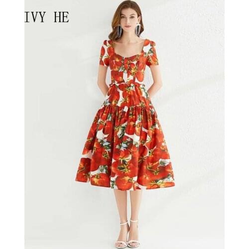 IVY HE 2021 Summer Dress Passion Tomato Flower Red Court Retro Square Neck Open Back Dress Slim Fitting Short Sleeve Dresses