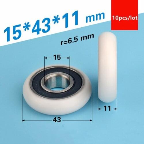 10pcs circular arc plastic coated bearing 6302RS 6302 15*43*11mm guide wheel POM nylon pulley engineering plastic wheel