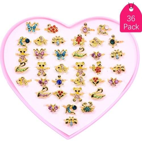 12/36pcs mix Rhinestone Gem Animal kids Rings Adjustable Gold color Ring For Children Girl Jewelry with Display Box Wholesale