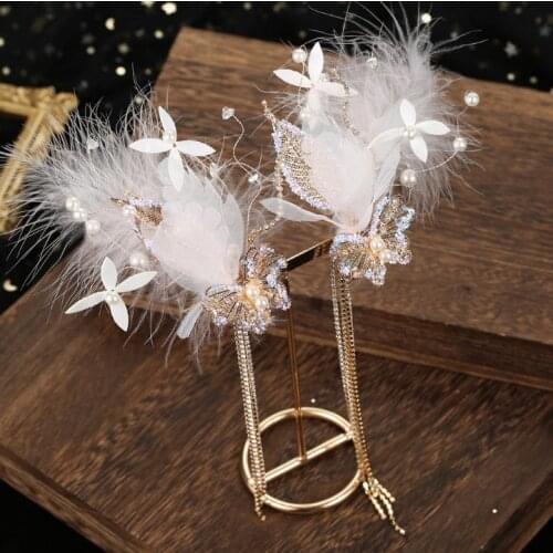 2pcs Super Fairy White Feather Butterfly Girls Hair Clip Headdress Wedding Personality Sweet Feather Barrettes Hair Accessories